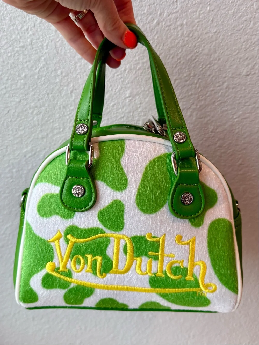 Von Dutch Green & White Cowhide Mini Satchel with Yellow Logo